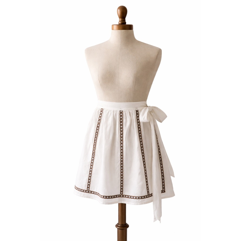 Vintage 70s Cottagecore Half Apron Women OS White Brown Gold Geometric Trim